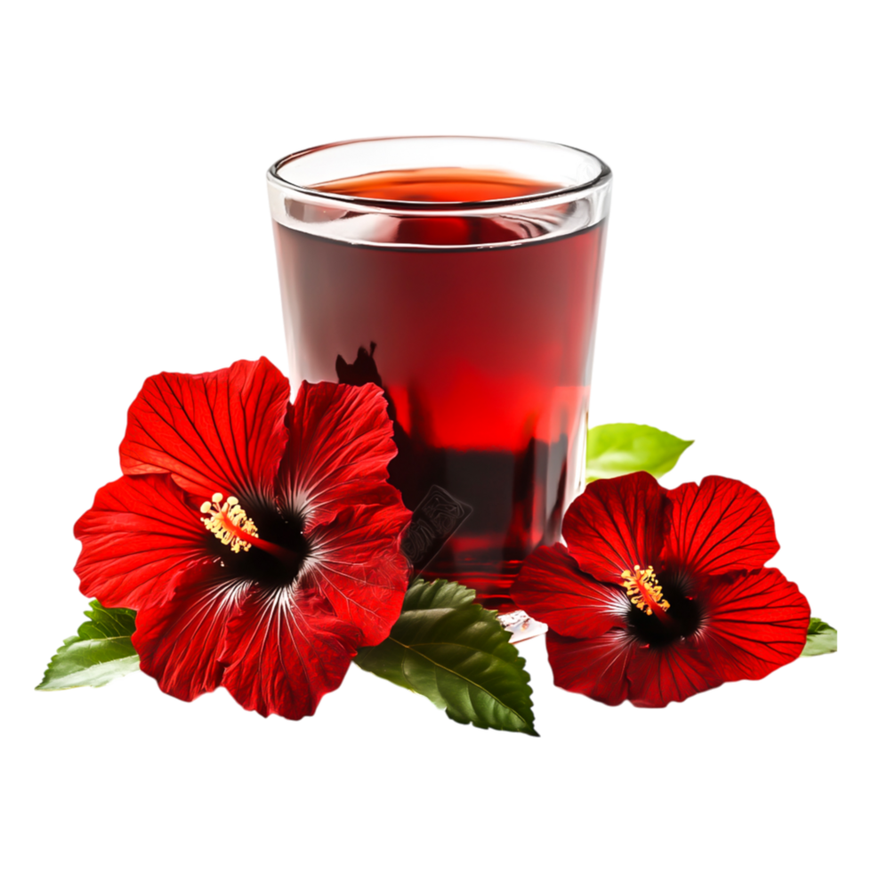 Vibrant Herbal Drink with Hibiscus Flowers and Fresh Green Leaves png