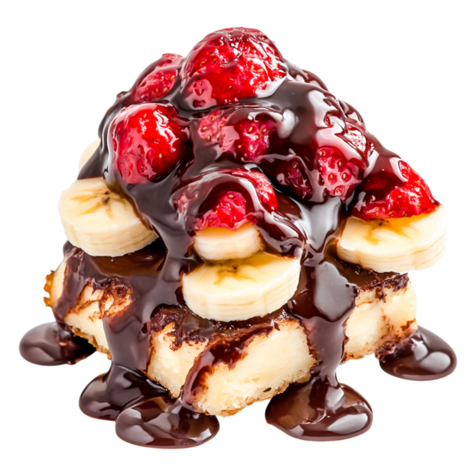 Delicious dessert with chocolate, bananas, strawberries, and cream png