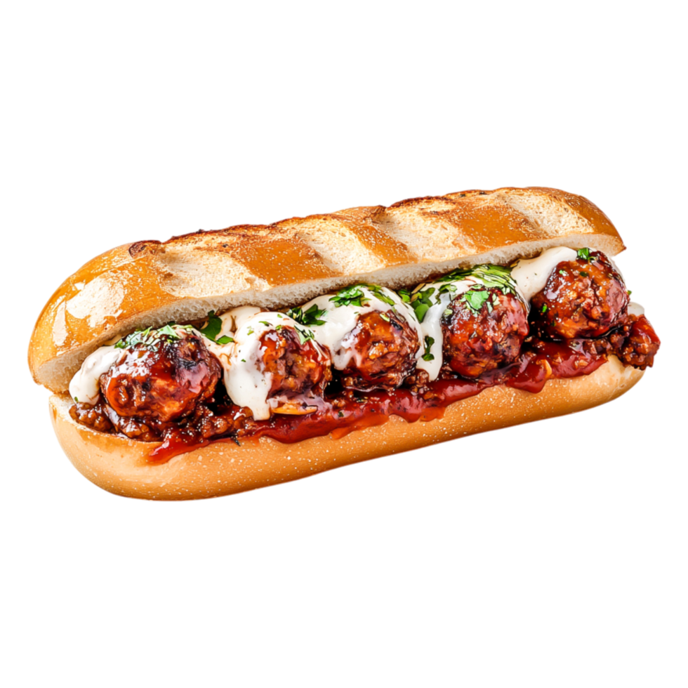 Delicious Meatball Sub Sandwich with Sauce and Fresh Herbs png