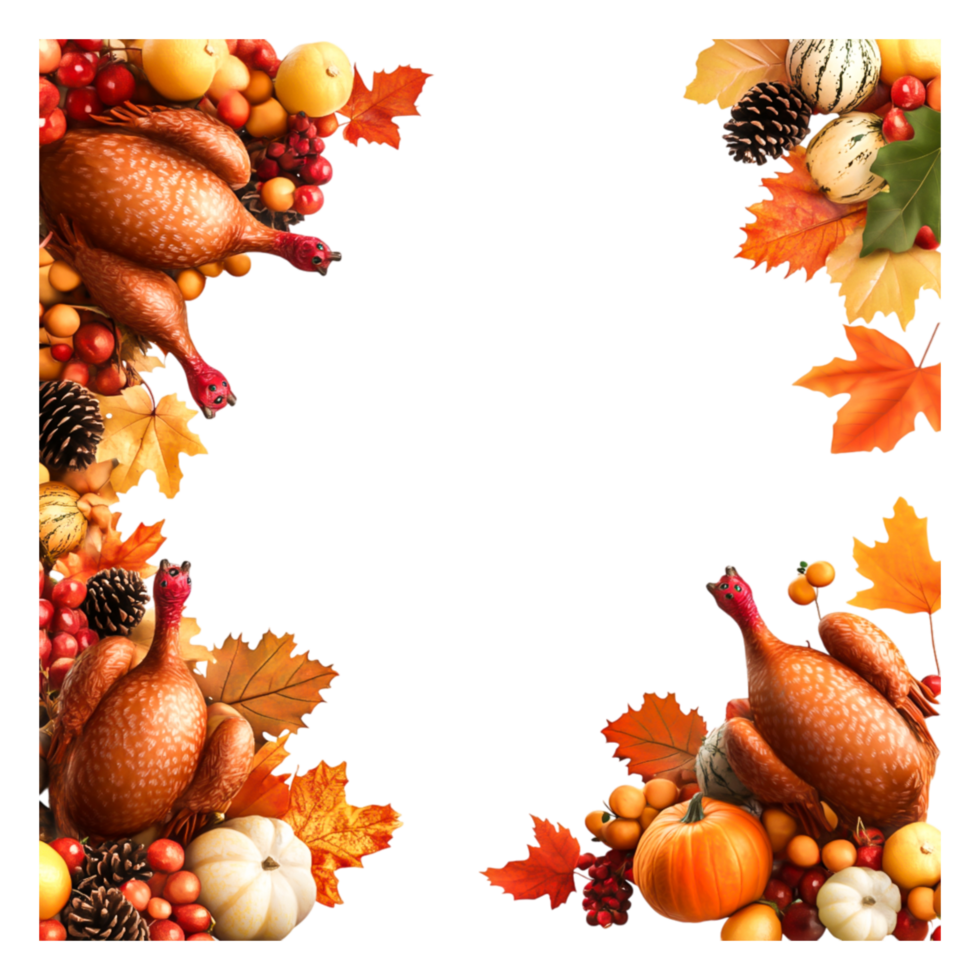 Festive Autumn Harvest with Turkeys, Pumpkins, and Colorful Leaves png