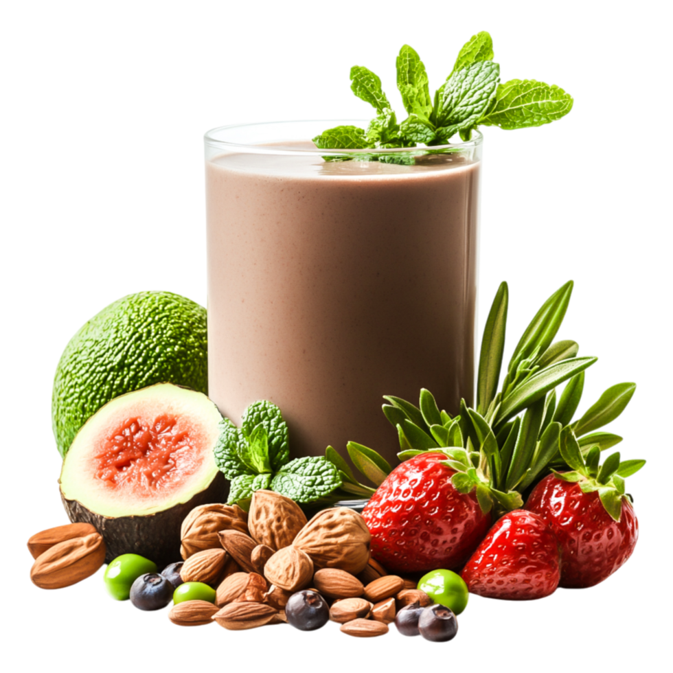 Refreshing Chocolate Smoothie with Fresh Fruits and Nuts Display png