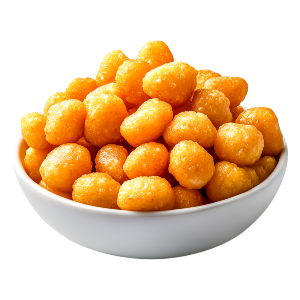 Golden Cheese Puffs Served in a White Bowl on Bright Background png