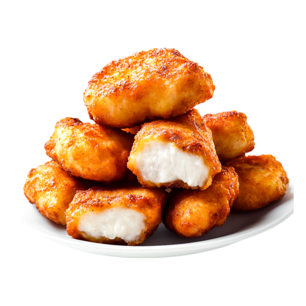 Crispy Golden Chicken Nuggets Piled on a White Plate Freshly Cooked png