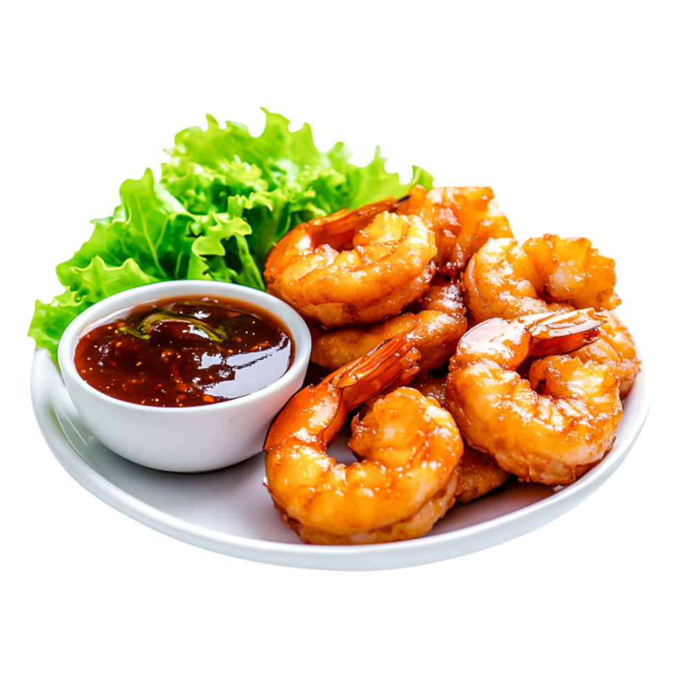 Juicy Cooked Shrimp with Lettuce and Dipping Sauce on Plate png