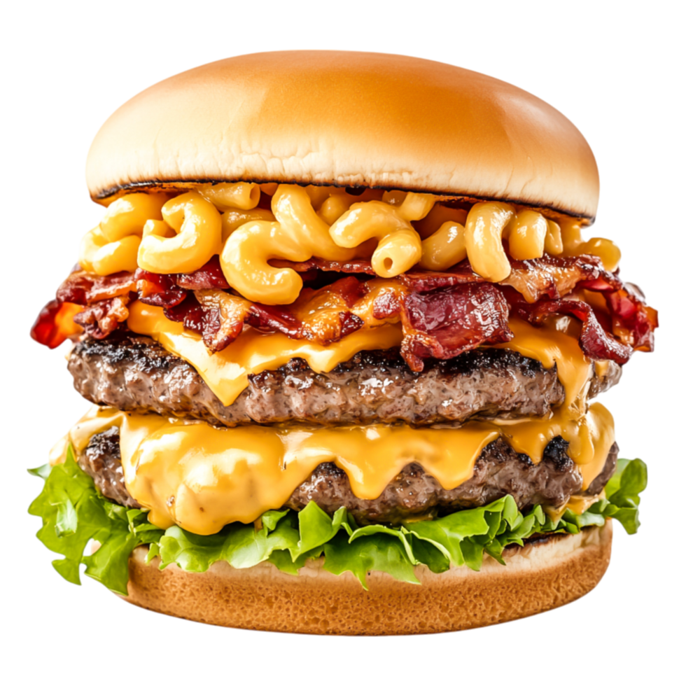 Juicy Double Cheeseburger with Mac and Bacon Topped Delight png