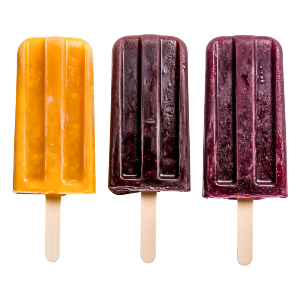 Colorful Fruit Popsicles with Bright Yellow and Deep Purple Tones png