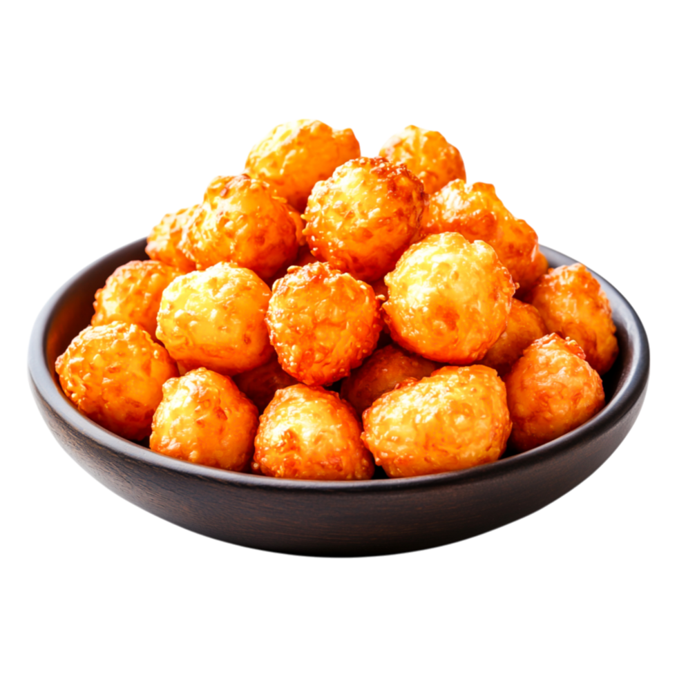 Crunchy golden fried snack balls in a black bowl stacked neatly png