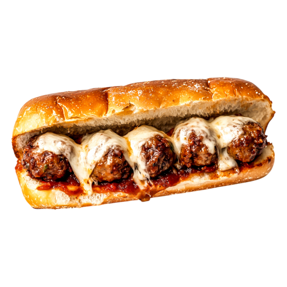 Delicious Meatball Sub with Cheese and Marinara Sauce on Roll png