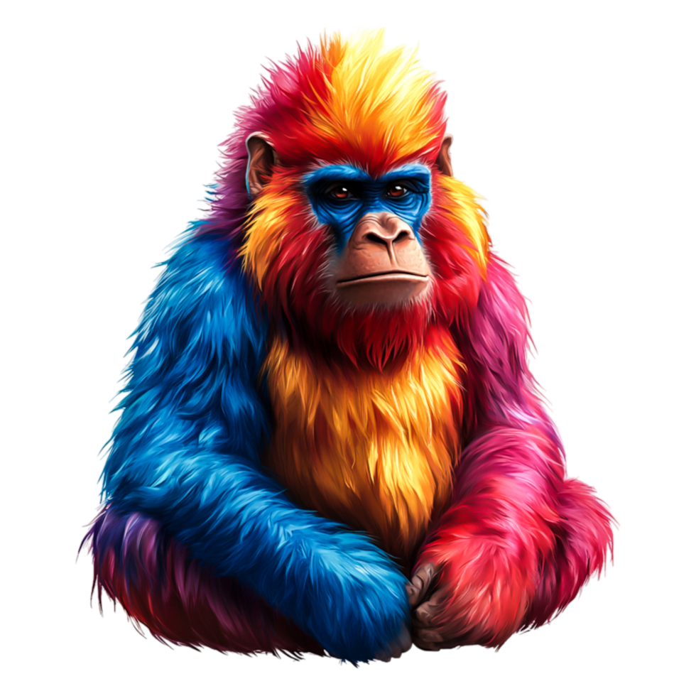 Colorful Furry Primate with Vibrant Rainbow Fur and Expressive Face png