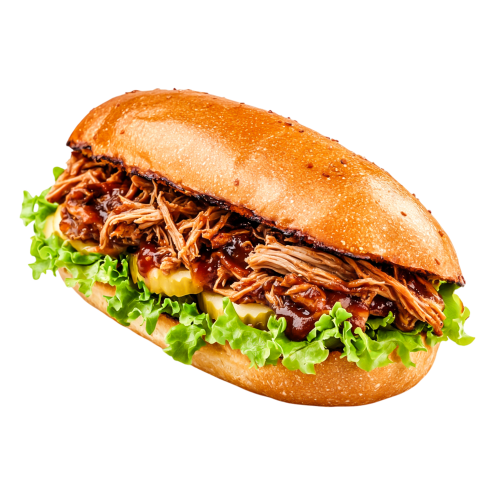 Delicious Pulled Pork Sandwich with Fresh Lettuce and Pickles png