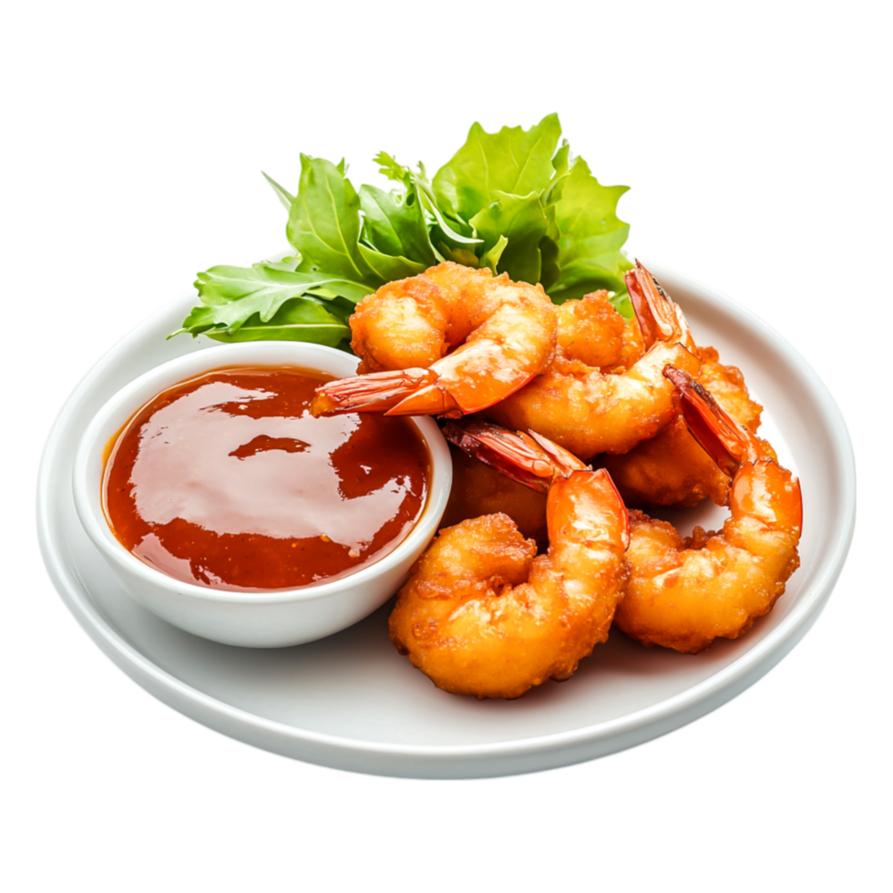 Crispy Fried Shrimp with Tangy Sauce and Fresh Lettuce Garnish png