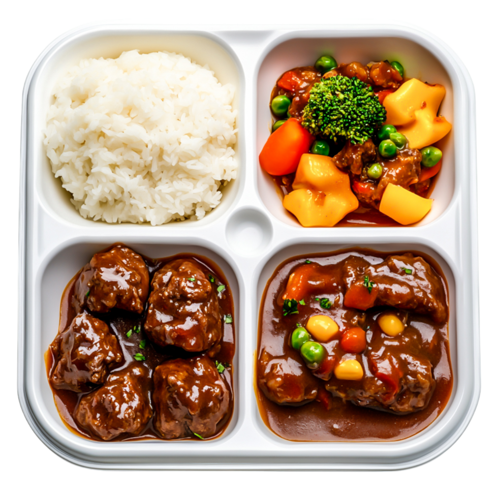 Delicious Meal Tray with Meatballs, Vegetables, and Rice Dish png