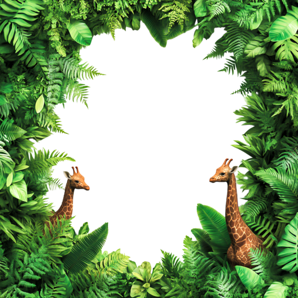 Giraffes Surrounded by Lush Greenery in Tropical Jungle Setting png