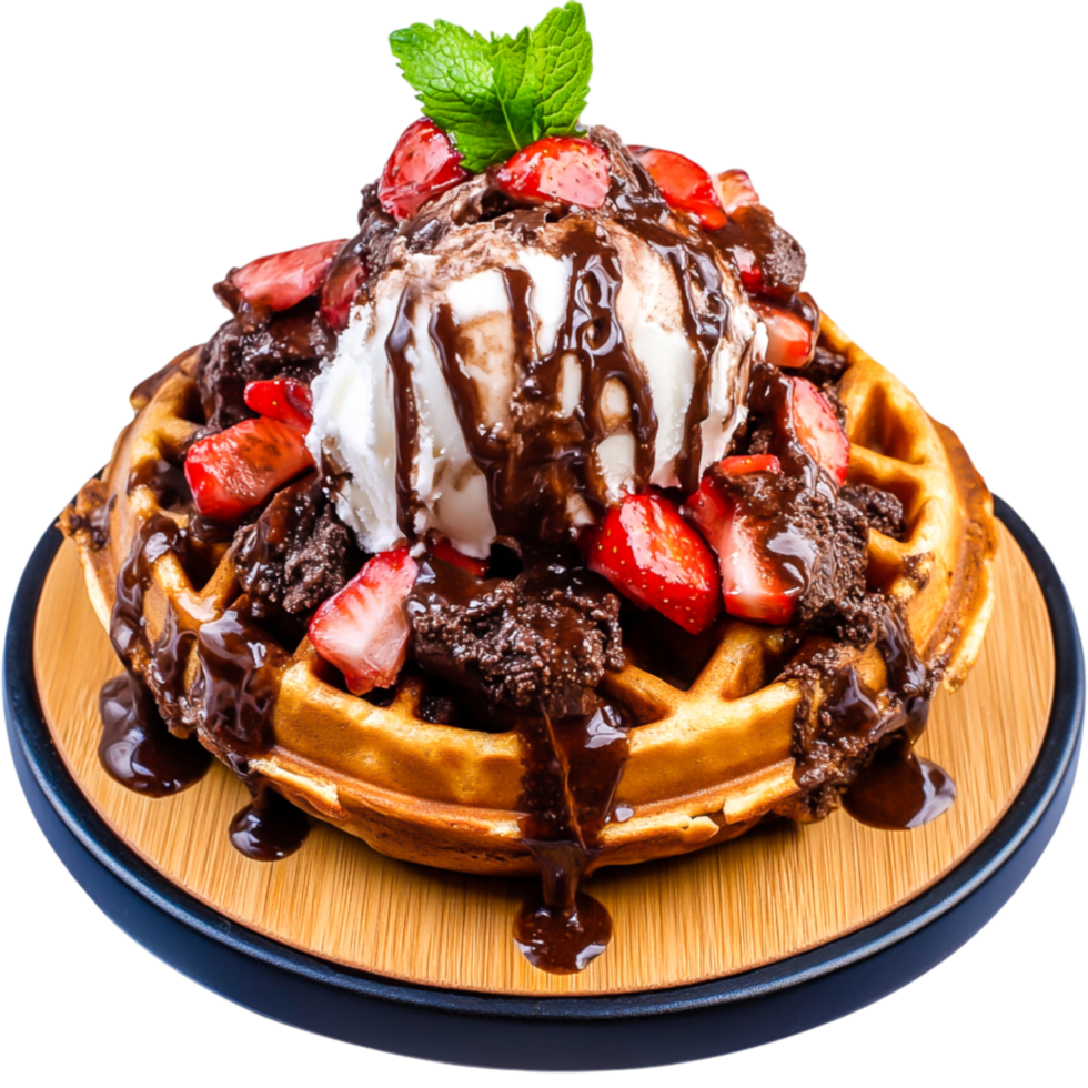 Decadent Chocolate Waffle with Ice Cream and Fresh Strawberries png
