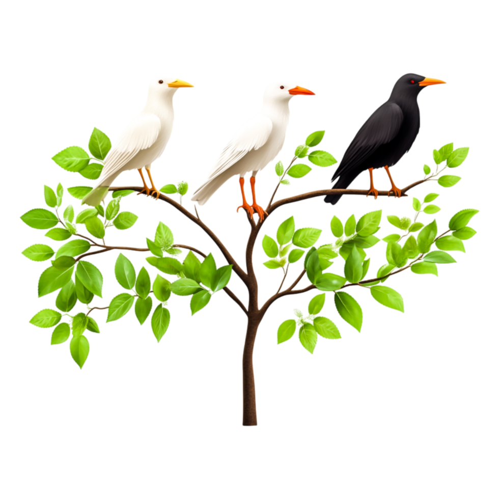 Three Colorful Birds Perched on a Tree with Green Leaves png