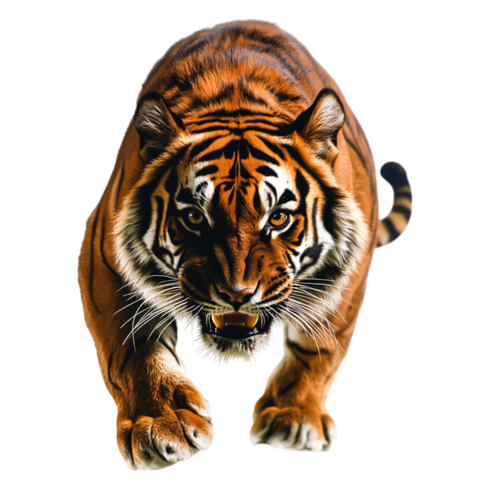 Fierce Tiger in Mid-Pounce Position Against a png