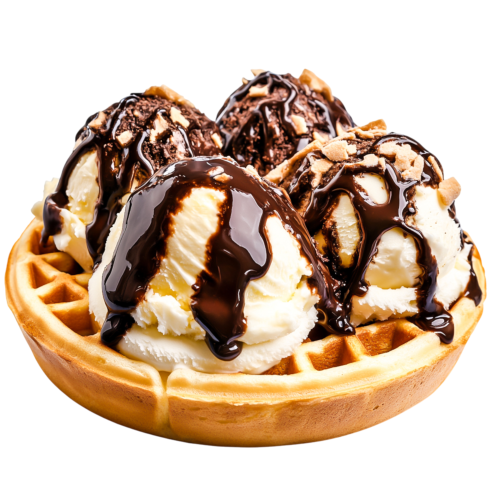 Delicious Ice Cream Sundae in Waffle Bowl with Chocolate Drizzle png