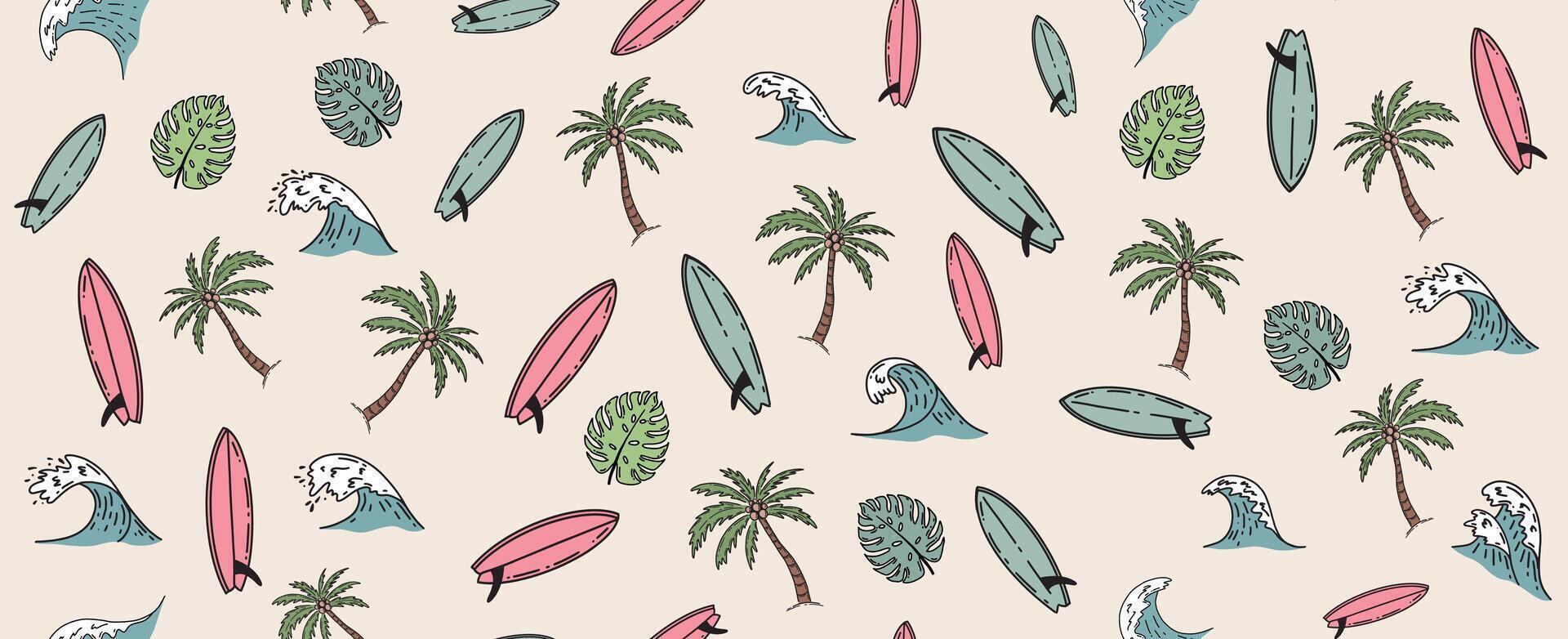Summer pattern with surfboard and wave, hand drawn illustration. vector