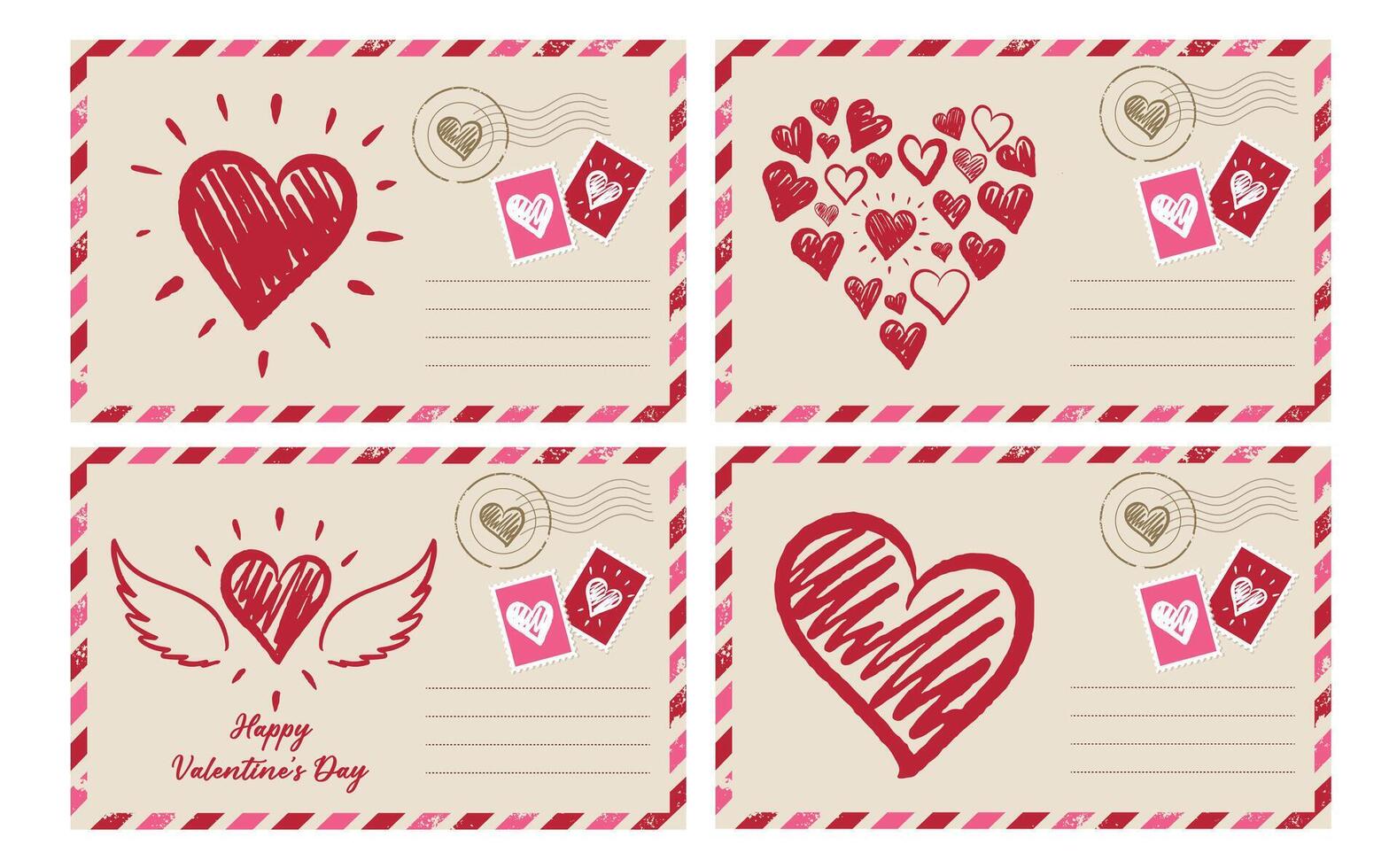 Postcard set, mail with Heart, hand drawn. vector