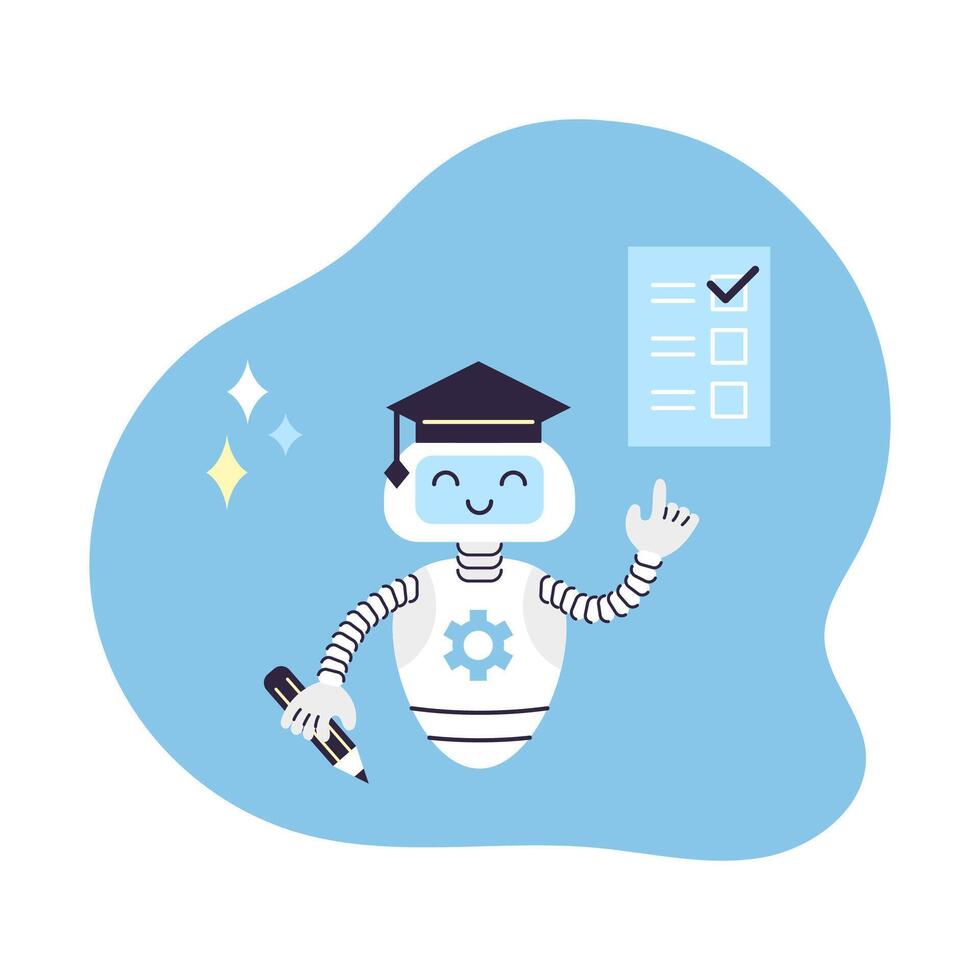 ai robot asistente puntos a formar con marca. en otro mano robot sostiene lápiz. distancia educación concepto. artificial inteligencia virtual asistente. aislado ilustración. vector