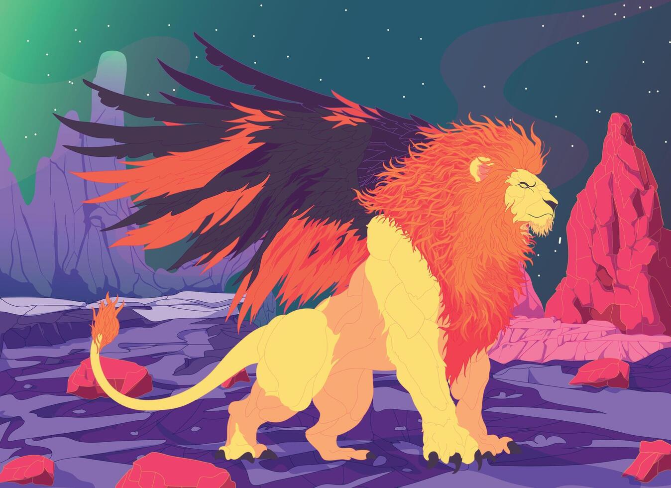 Majestic, winged lion in a desert with Rocky Mountains under a starry night sky, fantasy mystical background. vector