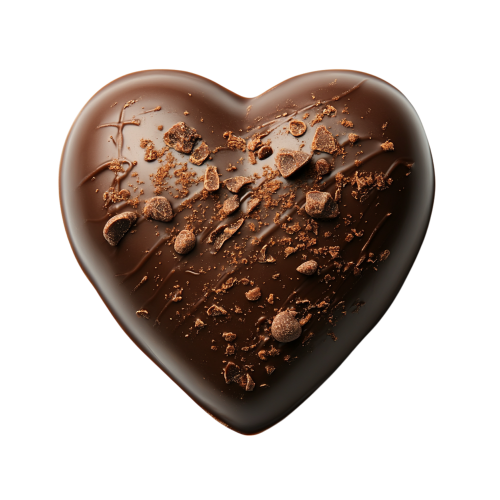 Heartshaped chocolate piece with a smooth surface featuring tiny chocolate crumbs and a slightly melted glossy sheen png