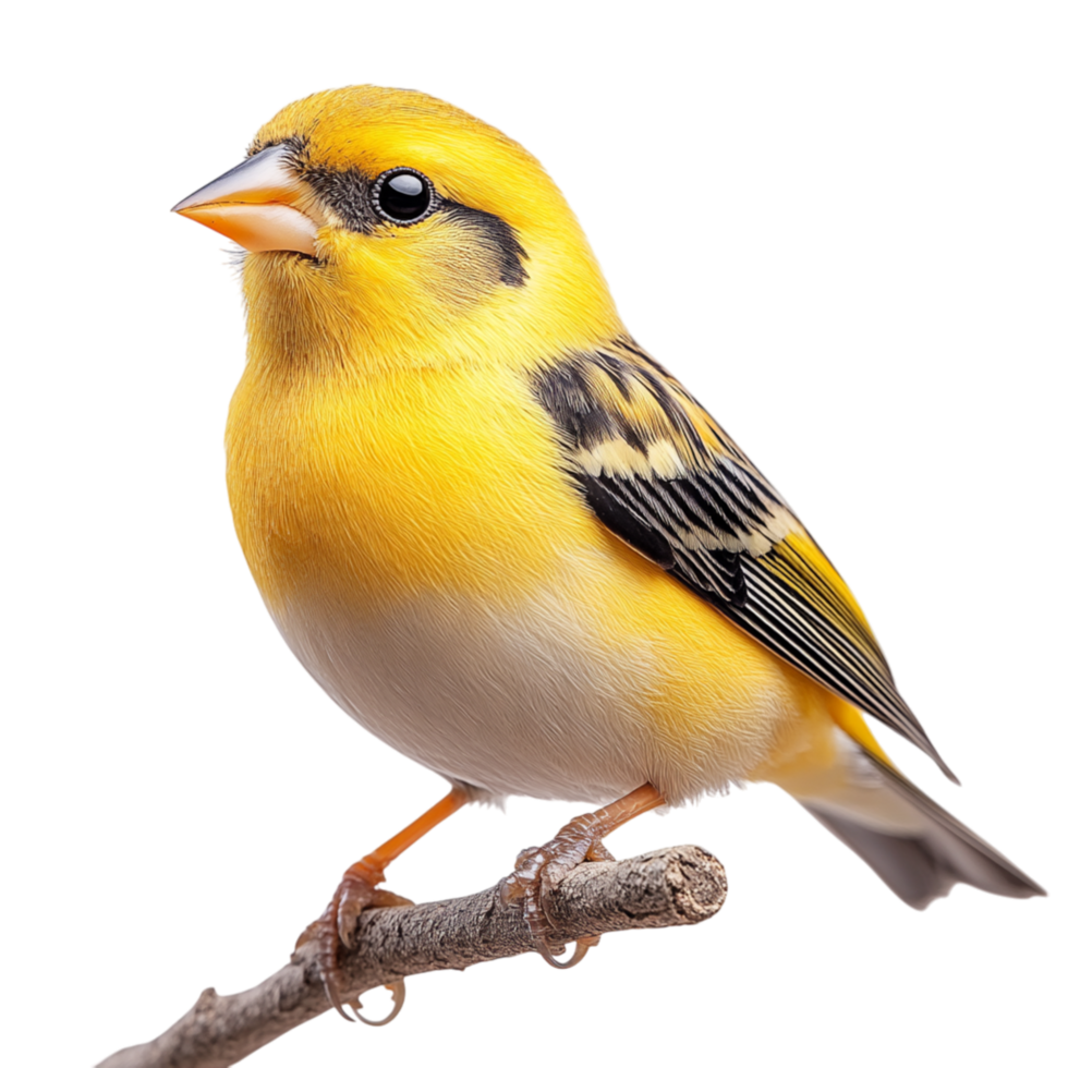 Bright yellow bird with black and white wing patterns perched gracefully on a thin branch with its delicate feet gripping firmly png