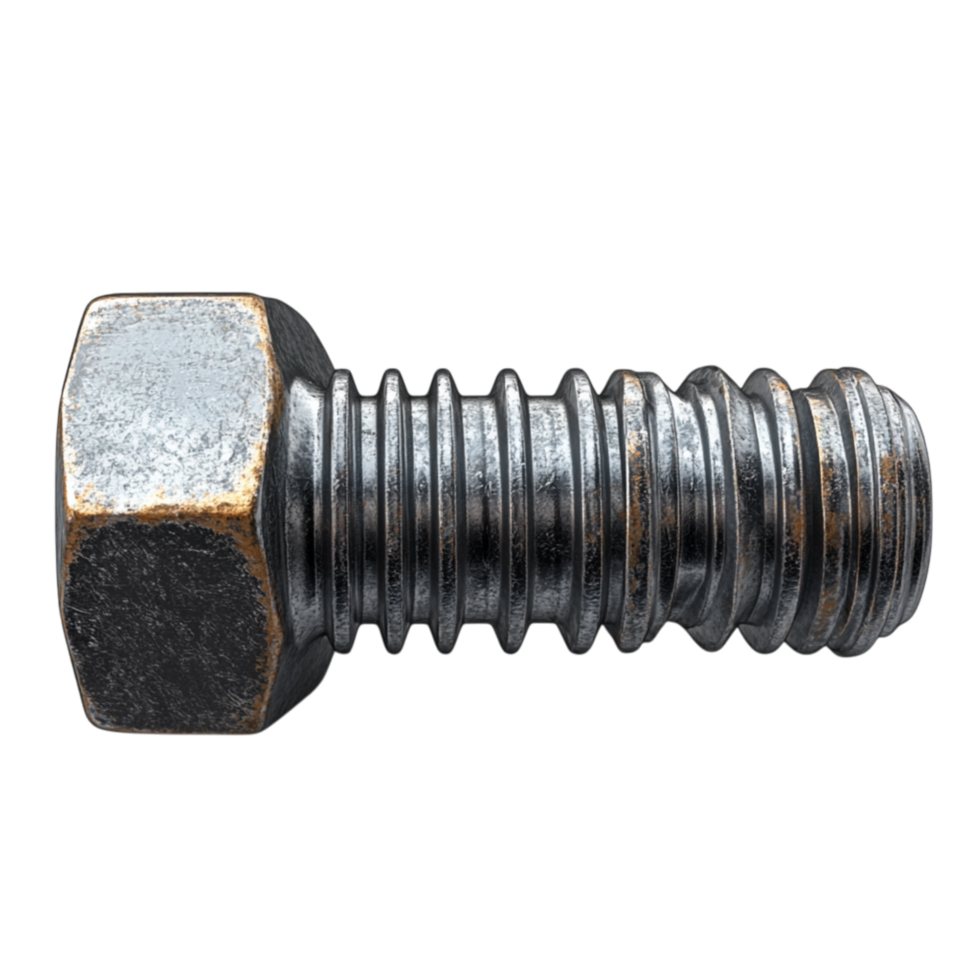 Sturdy metal bolt with a hexagonal head and threaded body lying horizontally showcasing its industrial and rugged texture png