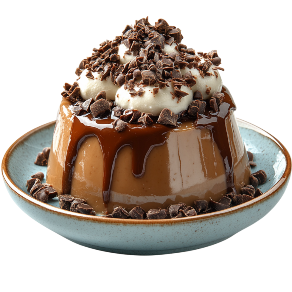 Caramel pudding dessert drizzled with rich chocolate sauce topped with whipped cream and chocolate shavings on a ceramic plate png