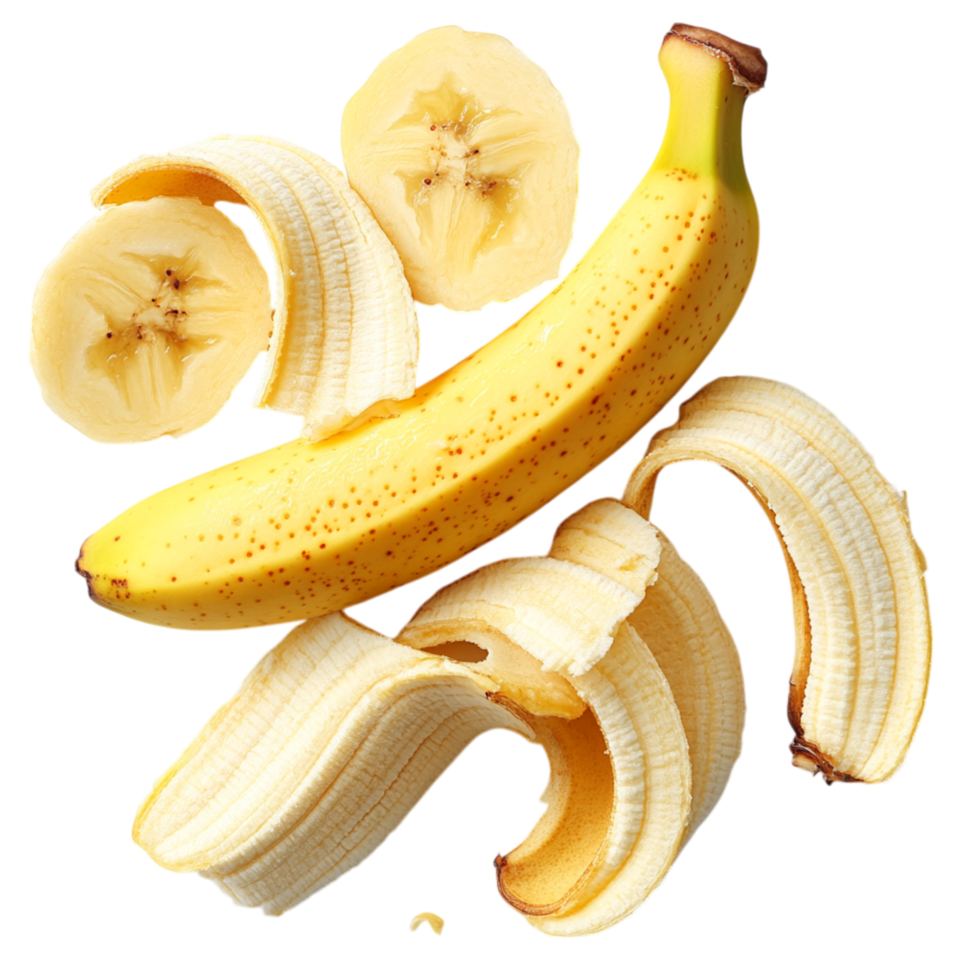 Ripe bananas both whole and sliced arranged in a cascading manner with soft yellow peels curling to reveal the fresh fruit inside png