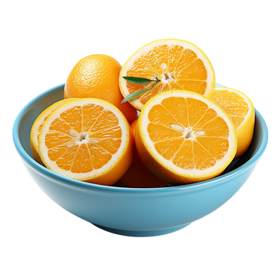 Fresh oranges sliced in half resting in a blue bowl with their juicy interiors glistening under the light in a vibrant display png