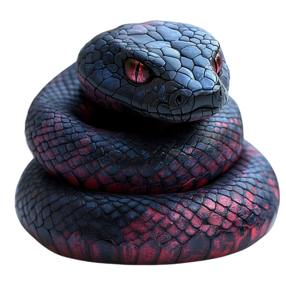 Coiled black and red snake with piercing eyes and textured scales represents mystery power and the mesmerizing beauty of nature predators png