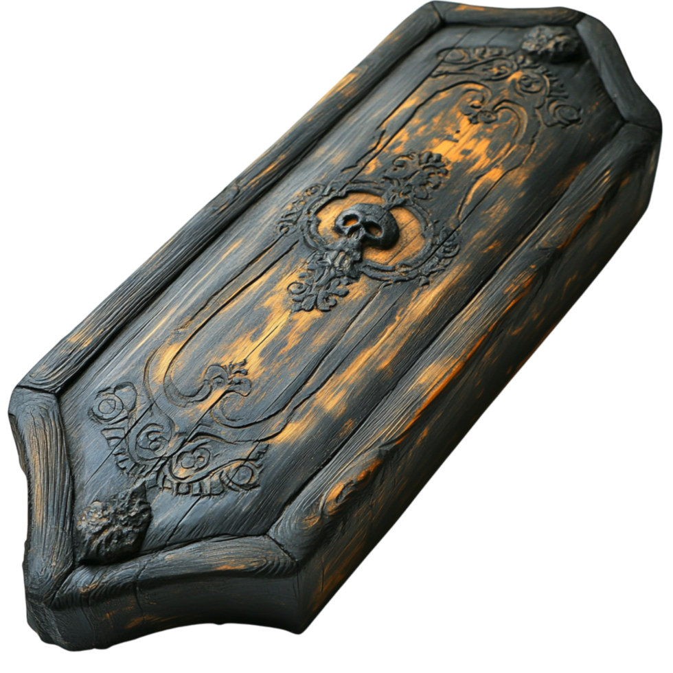 Antique wooden coffin lid with faded engravings and a dark worn surface represents mystery history and the echoes of forgotten stories png
