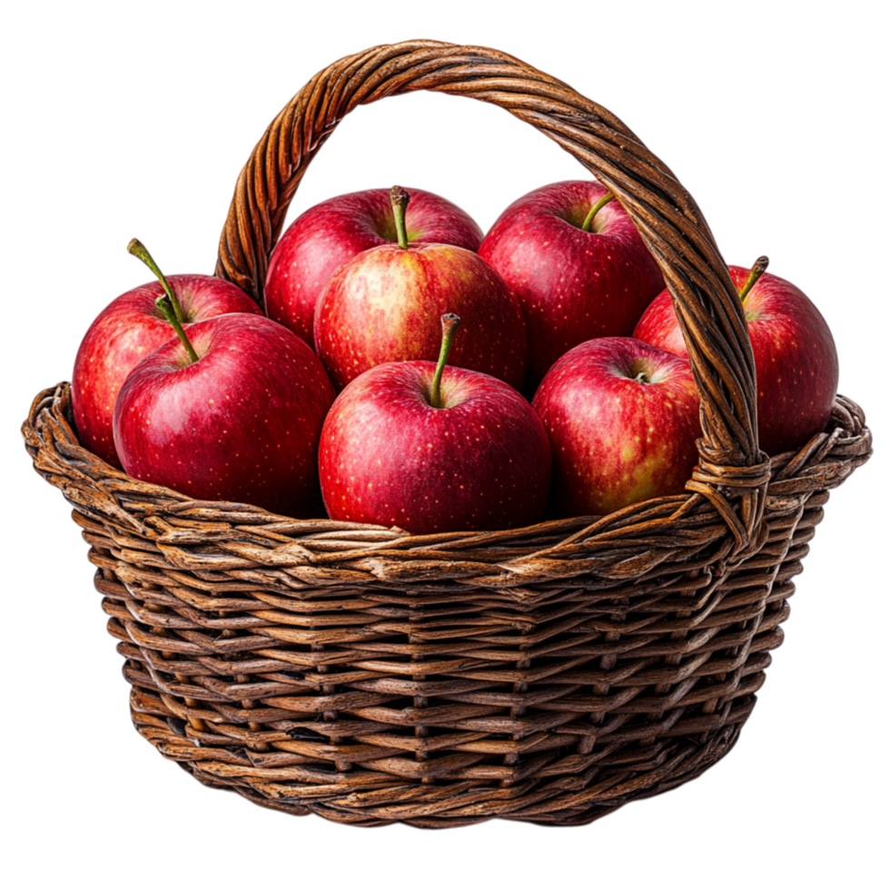 Wicker basket filled with glossy red apples resting on a plain surface with fresh green leaves peeking between the ripe fruits png