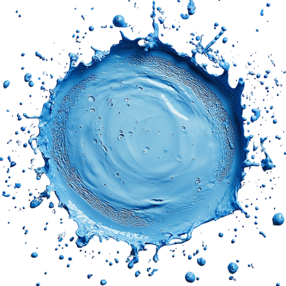 Dynamic splash of bright blue frozen in motion forming a circular shape with droplets scattered around the main pool png