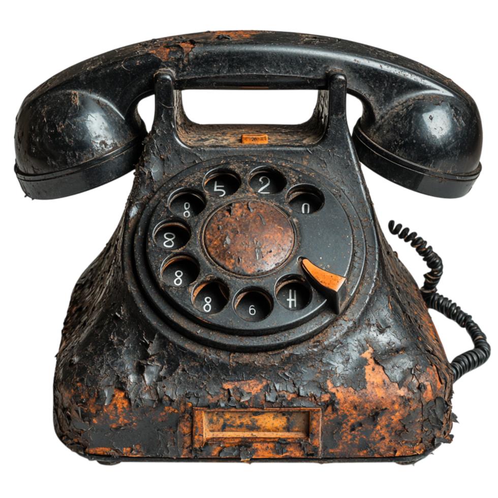 Vintage rotary telephone with a black corroded body and circular dial represents nostalgia communication and the enduring charm of classic technology png