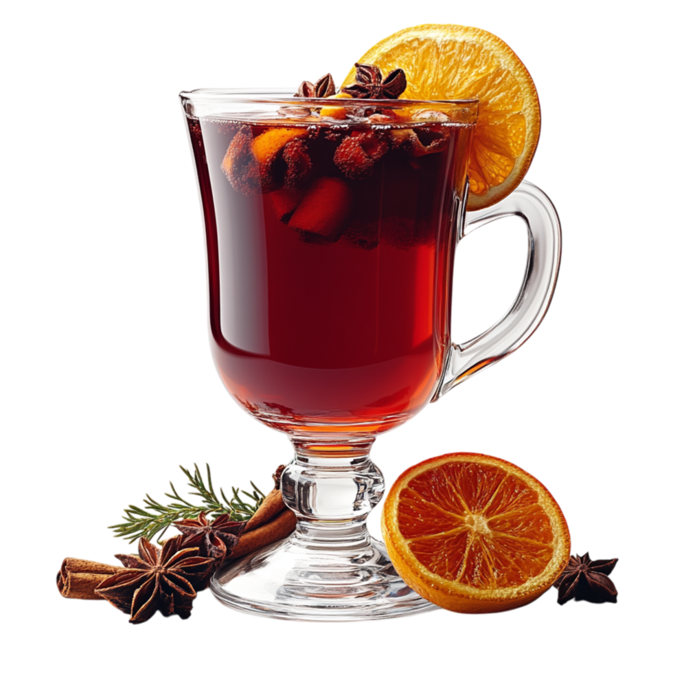 Warm mulled wine with floating orange slices and fragrant spices symbolizing coziness and the comforting taste of winter beverages png
