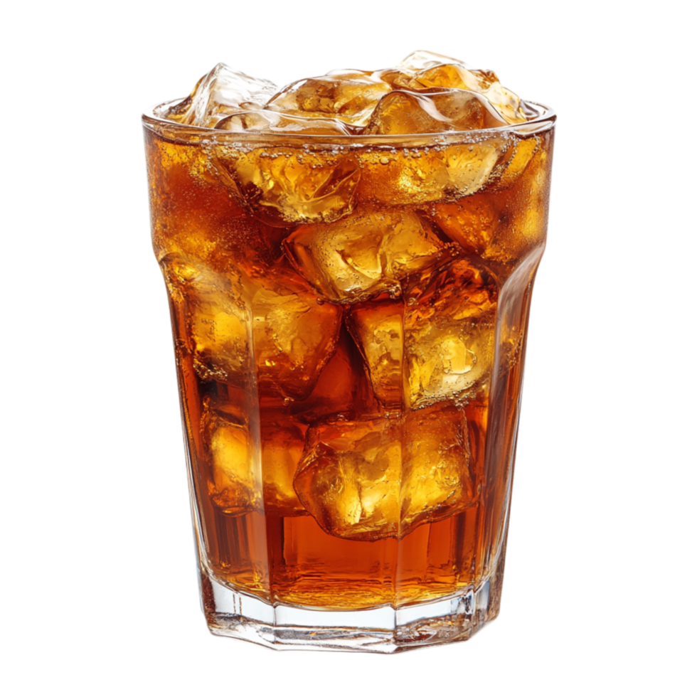 Glass of iced cola with large ice cubes and a rich caramel hue symbolizing refreshment and the cool satisfaction of fizzy drinks png