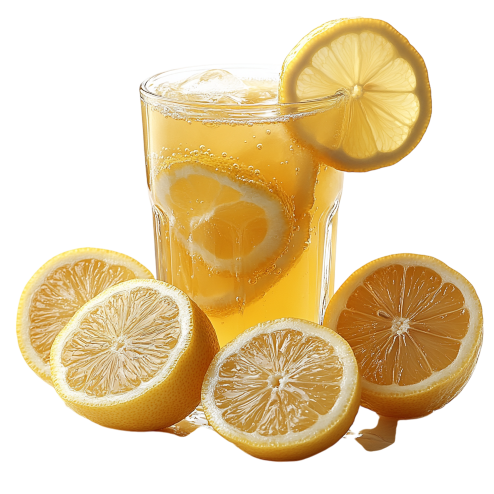 Refreshing glass of lemonade with floating lemon slices and ice cubes represents summer vitality and the invigorating taste of citrus refreshment png