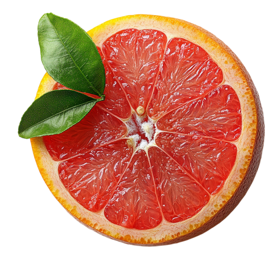 Freshly sliced grapefruit with a juicy red interior and glossy green leaves represents refreshment citrus tang and the vibrant taste of tropical fruits png