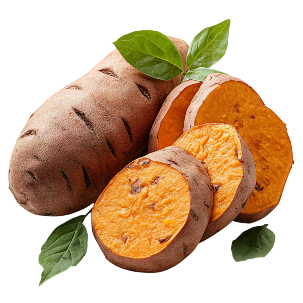 Whole and sliced sweet potatoes with fresh green leaves and a rich orange interior symbolize nutrition comfort and the earthy goodness of natural produce png