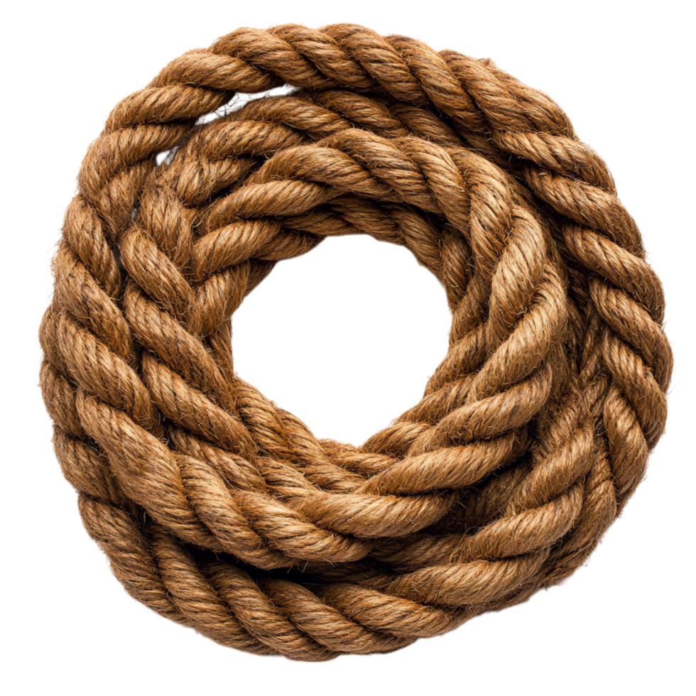 Thick coiled rope with a rough texture symbolizing durability and the reliable strength of intertwined natural fibers png