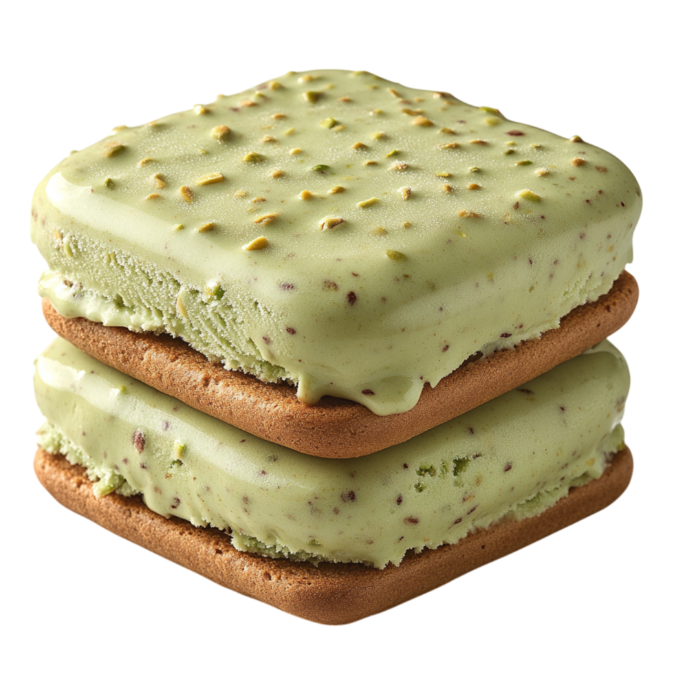 Green tea ice cream sandwich with crispy wafers and a creamy center symbolizing sweetness and the delightful fusion of crunchy and smooth textures png