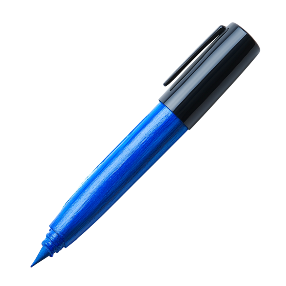 Sleek blue ballpoint pen with a glossy body and a removable cap resting at an angle with the tip slightly exposed png