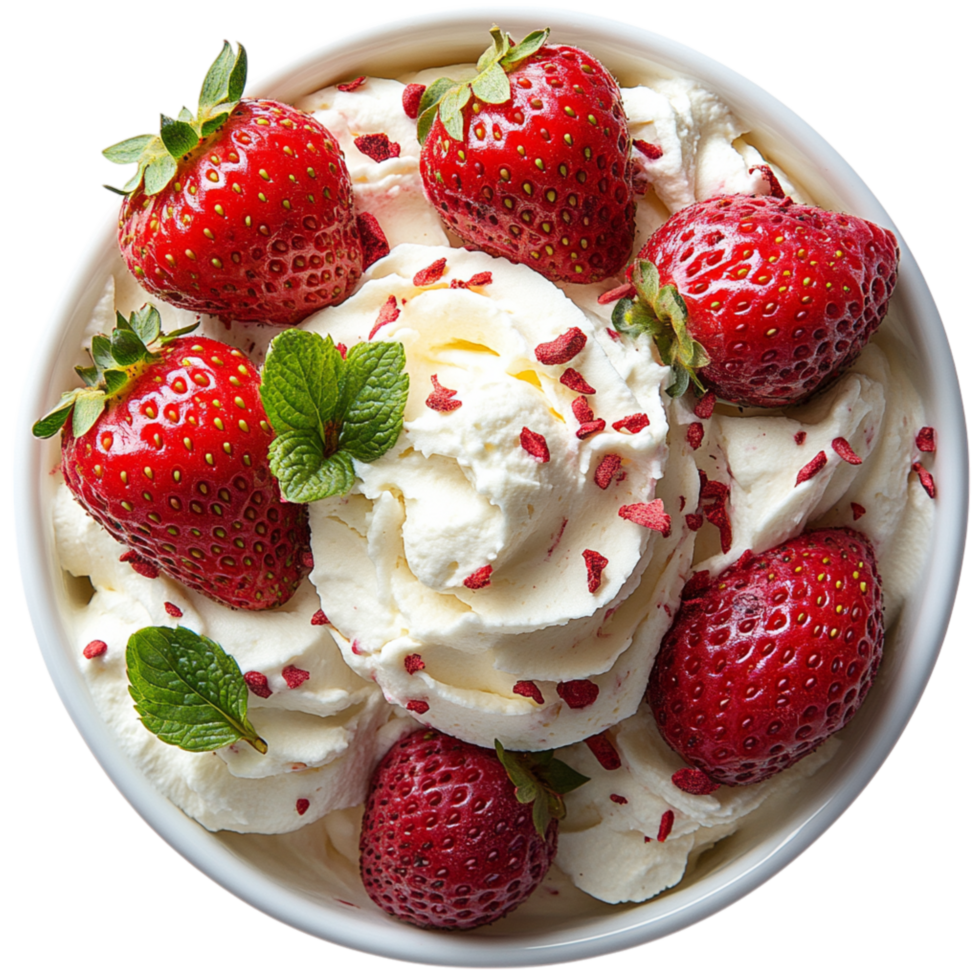 Bowl filled with creamy whipped dessert and fresh strawberries symbolizes indulgence refreshment and the delightful combination of fruit and cream png