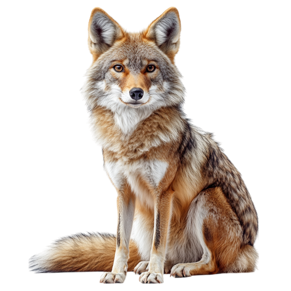 Majestic coyote with a thick fur coat and a watchful gaze symbolizing wilderness and the untamed spirit of natures hunters png