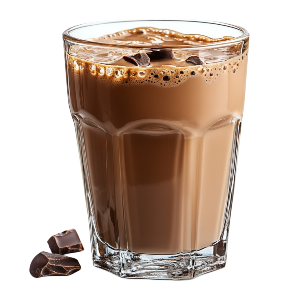 Refreshing glass of iced chocolate milk with small chocolate pieces symbolizing indulgence and the creamy richness of a delightful drink png