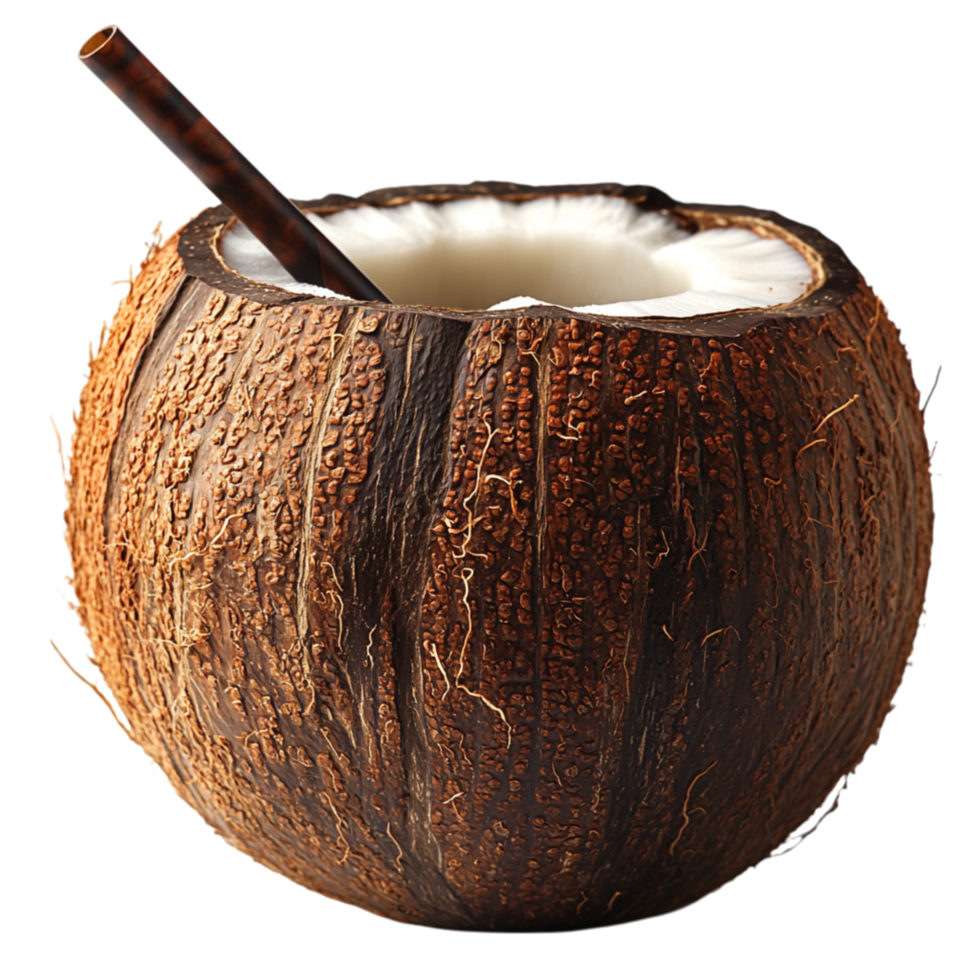 Rustic coconut with a straw and a creamy interior symbolizing refreshment and the tropical indulgence of exotic drinks png