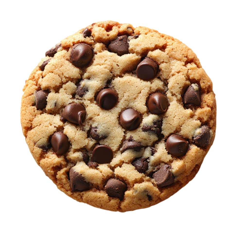 Chocolate chip cookie with golden brown edges and melted dark chocolate chips scattered across its deliciously textured surface png