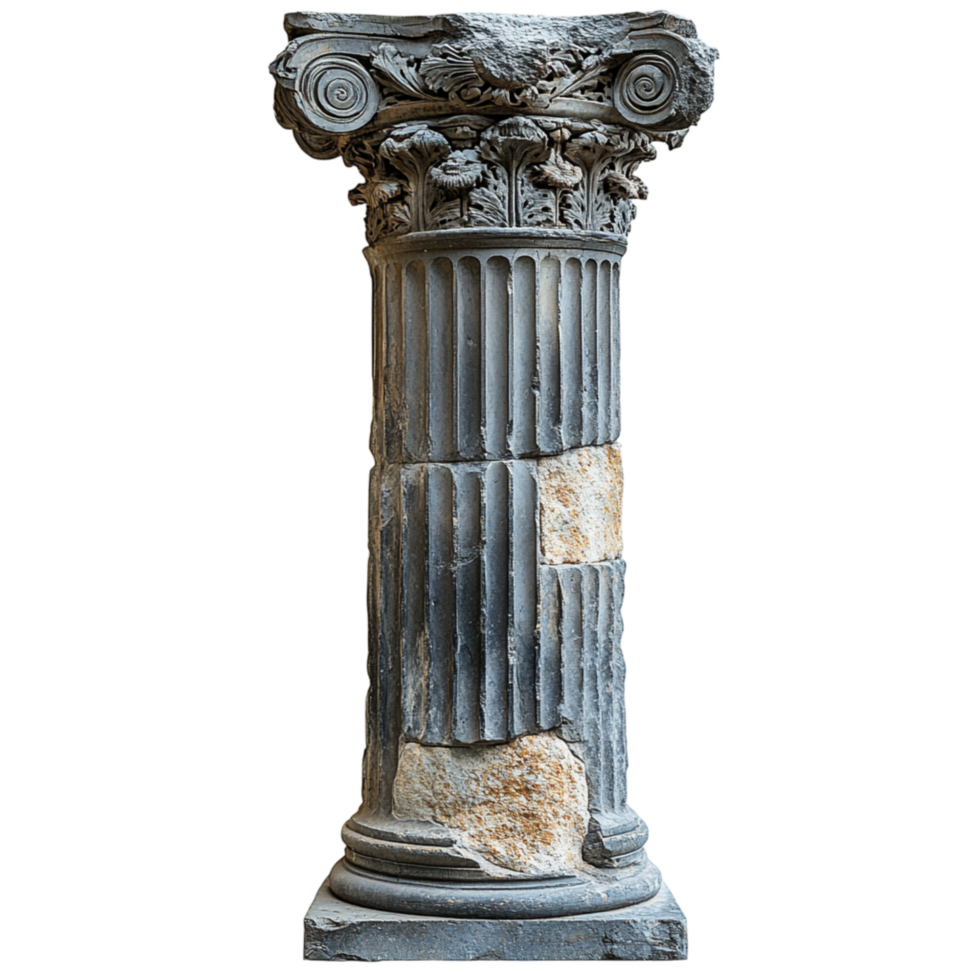Ancient stone column with intricate carvings and signs of erosion represents history architecture and the grandeur of classical civilization png